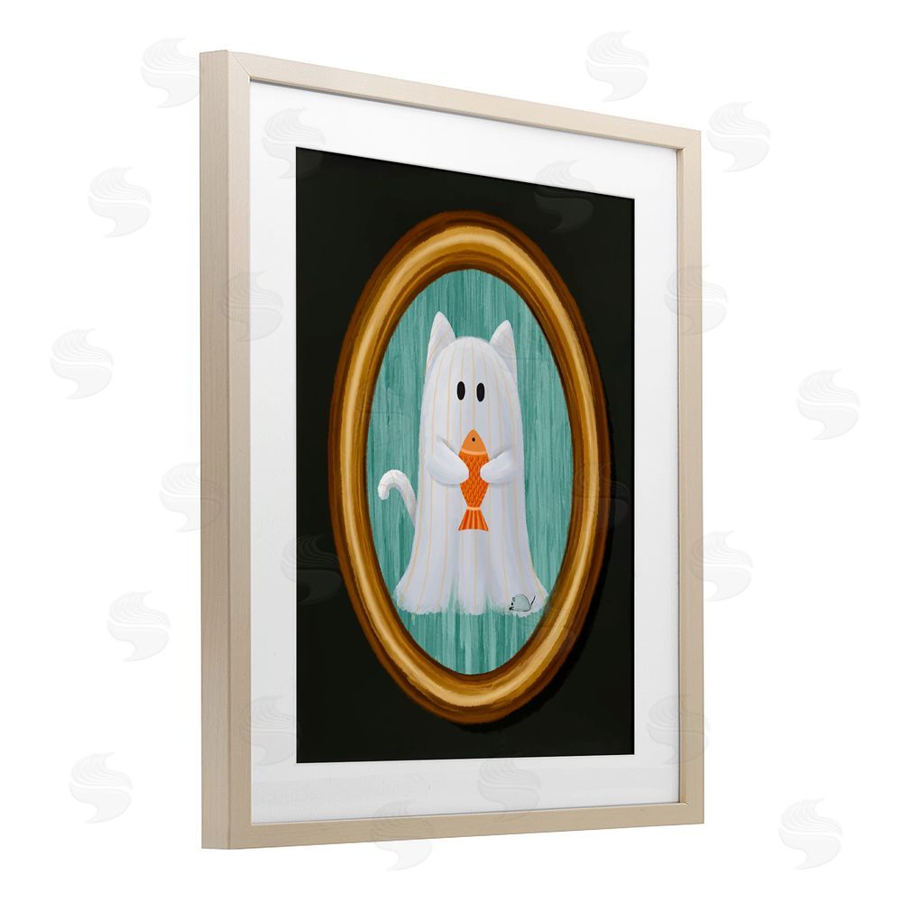 Jennifer Stith Ghost Cat with Fish Birch Framed Print Under Glass with White Mat Wall Art