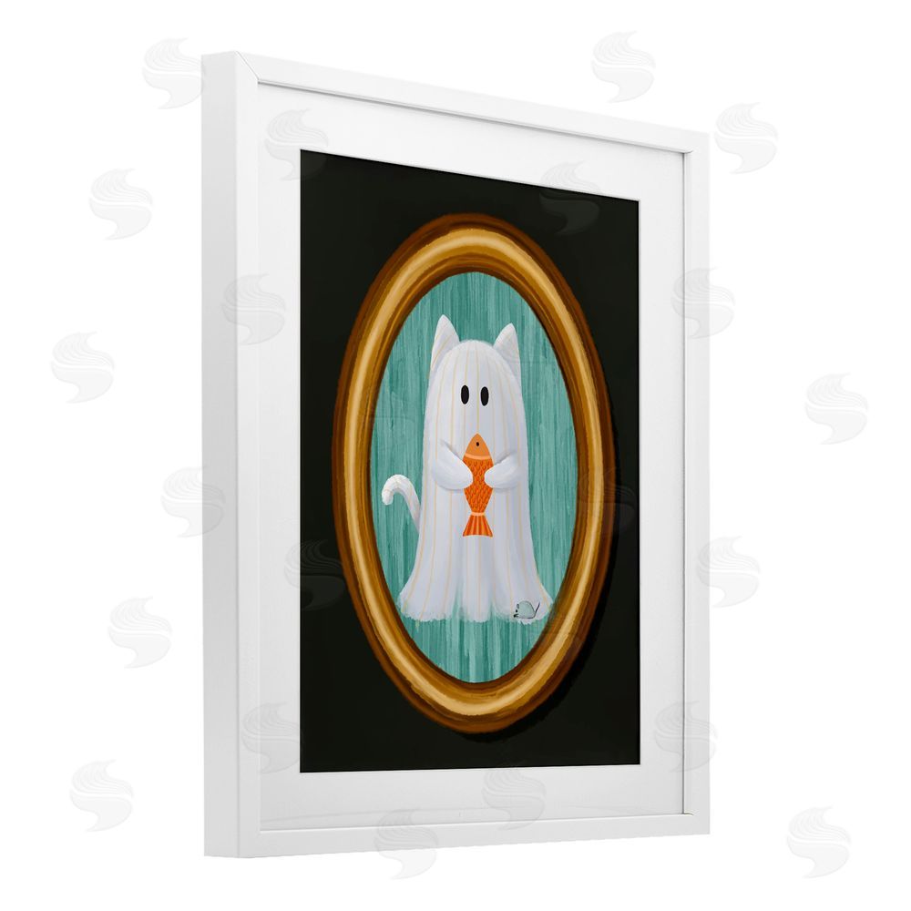 Jennifer Stith Ghost Cat with Fish White Framed Print Under Glass with Mat Wall Art