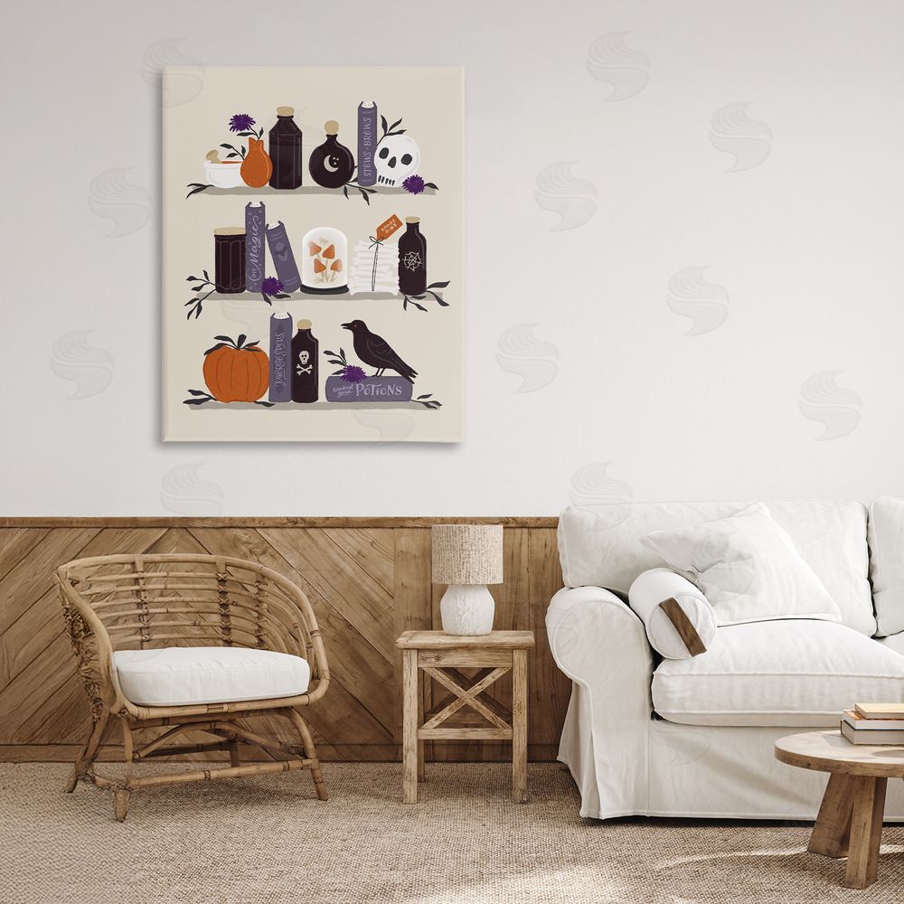 Sandra Picco Apothecary Bookshelves with Crow Canvas Art on Wall
