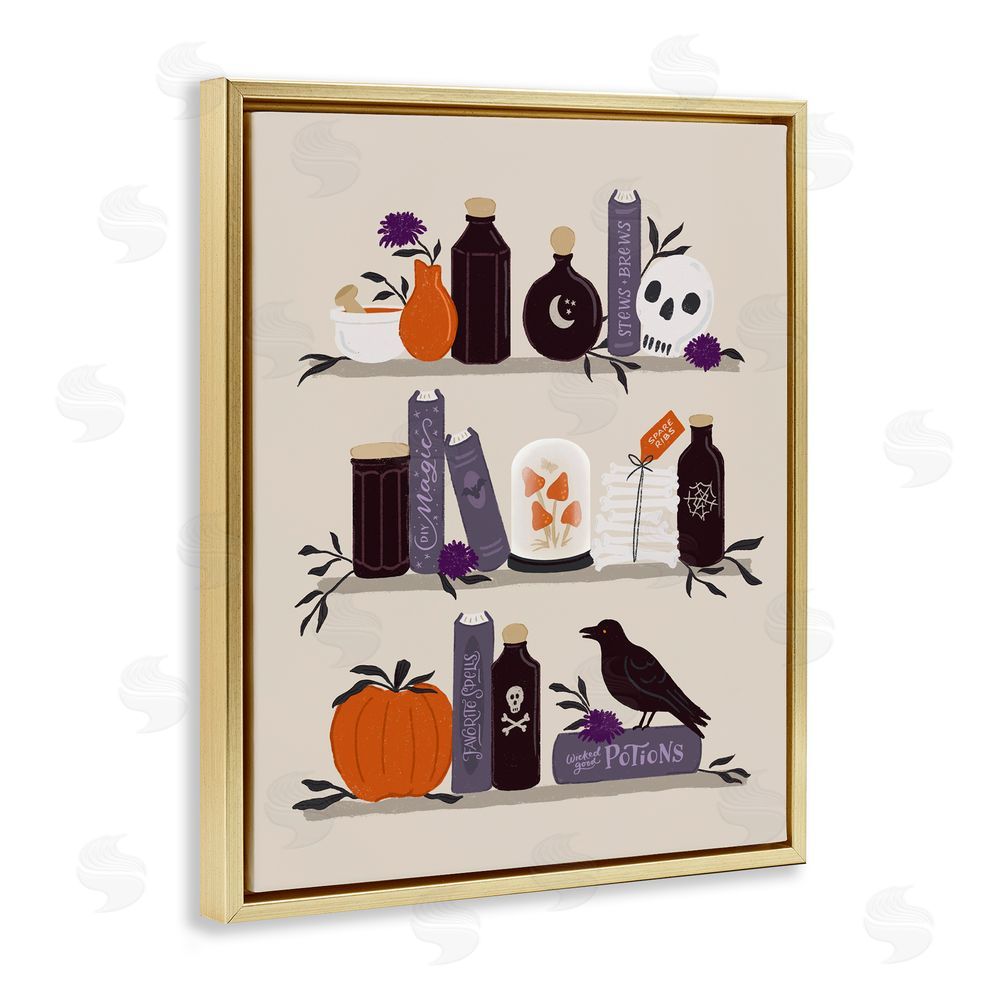 Sandra Picco Apothecary Bookshelves with Crow Gold Floating Frame Canvas Wall Art Print