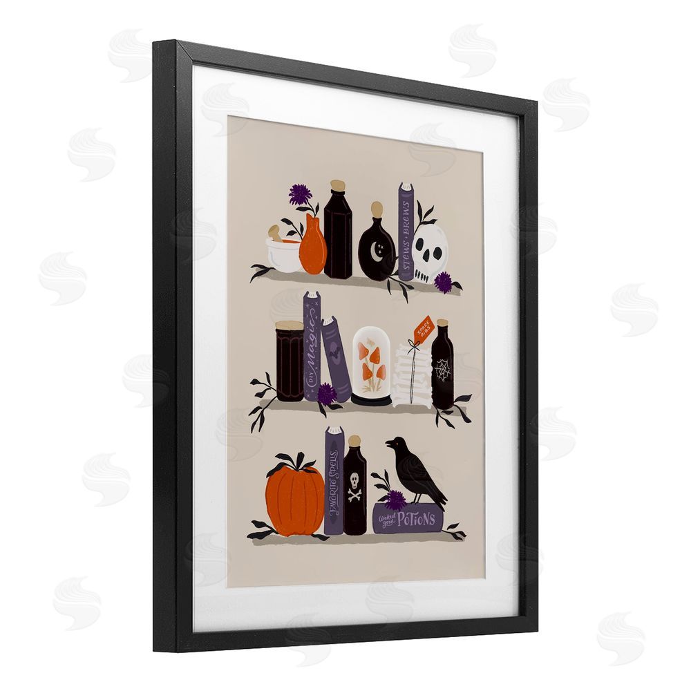 Sandra Picco Apothecary Bookshelves with Crow Black Framed Print Under Glass with White Mat Wall Art