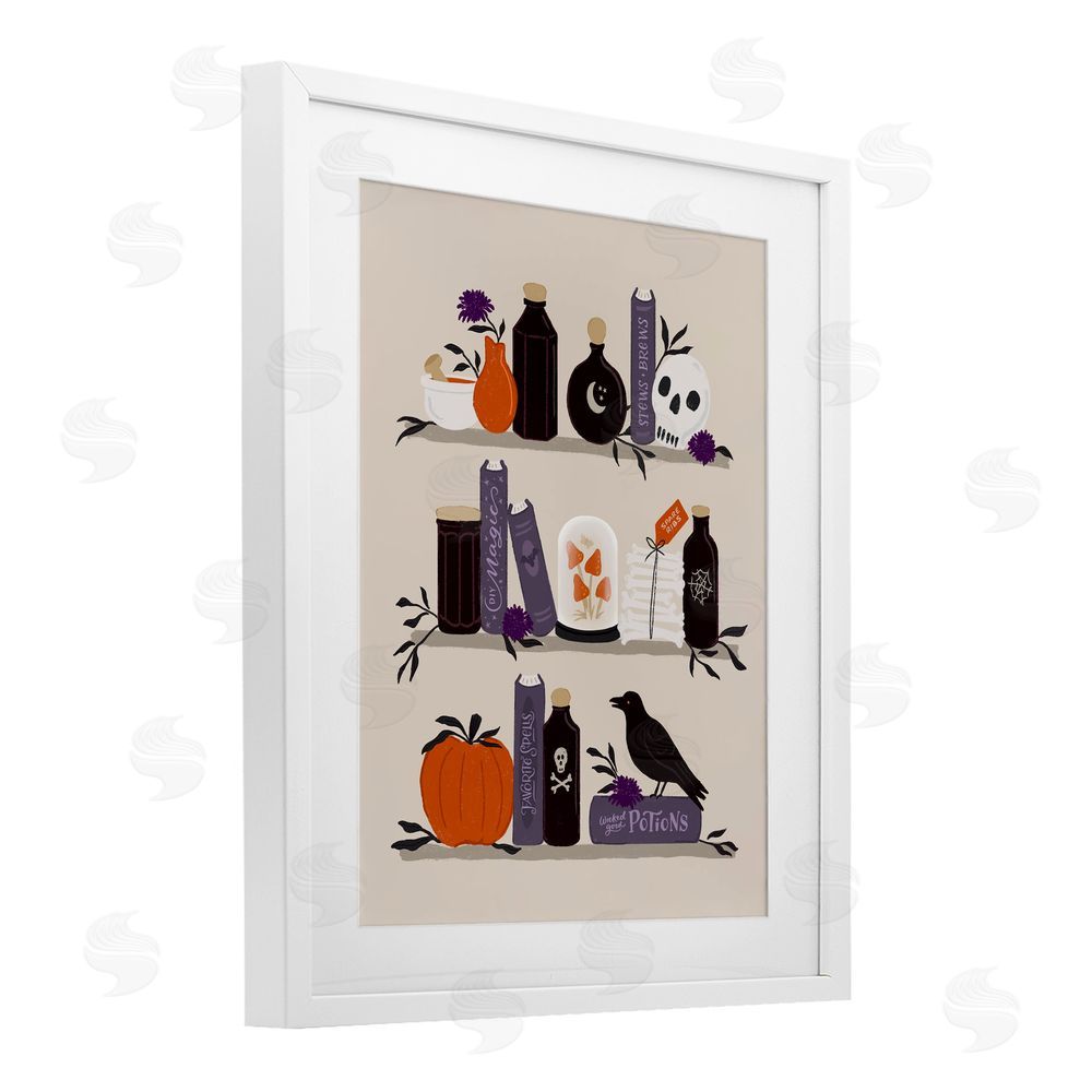 Sandra Picco Apothecary Bookshelves with Crow White Framed Print Under Glass with Mat Wall Art