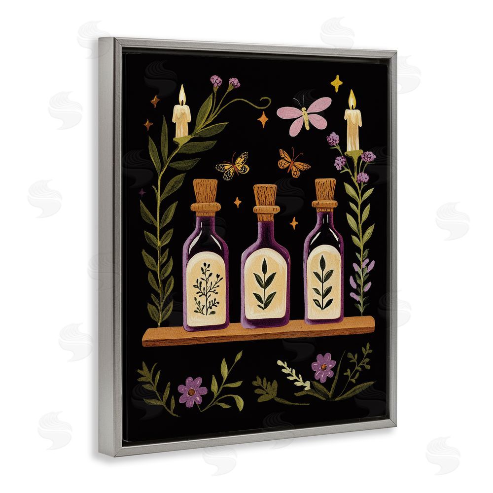 Yen Victorian Apothecary Shelf Gray Floating Frame Canvas Wall Art Print
