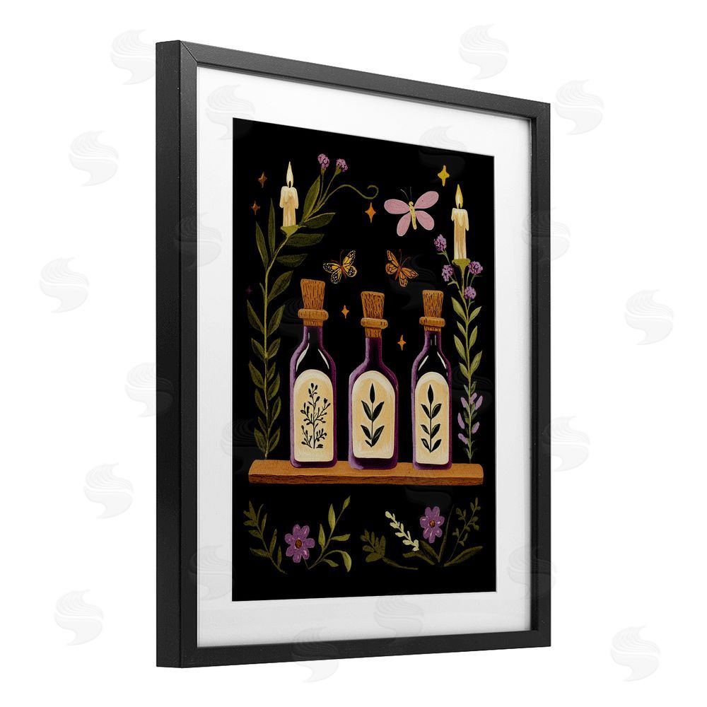 Yen Victorian Apothecary Shelf Black Framed Print Under Glass with White Mat Wall Art