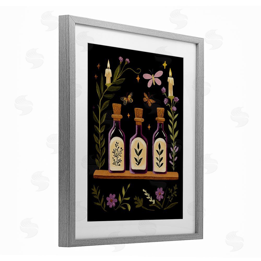 Yen Victorian Apothecary Shelf Gray Framed Print Under Glass with White Mat Wall Art