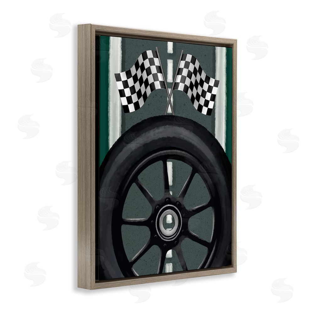 Jennifer Stith Racetrack Flags & Tire Brown Floating Frame Canvas Wall Art Print