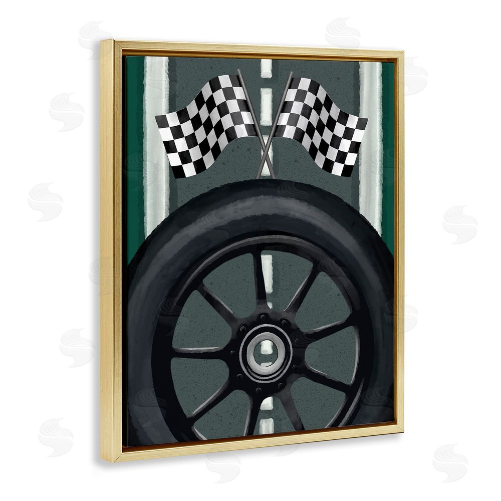Jennifer Stith Racetrack Flags & Tire Gold Floating Frame Canvas Wall Art Print