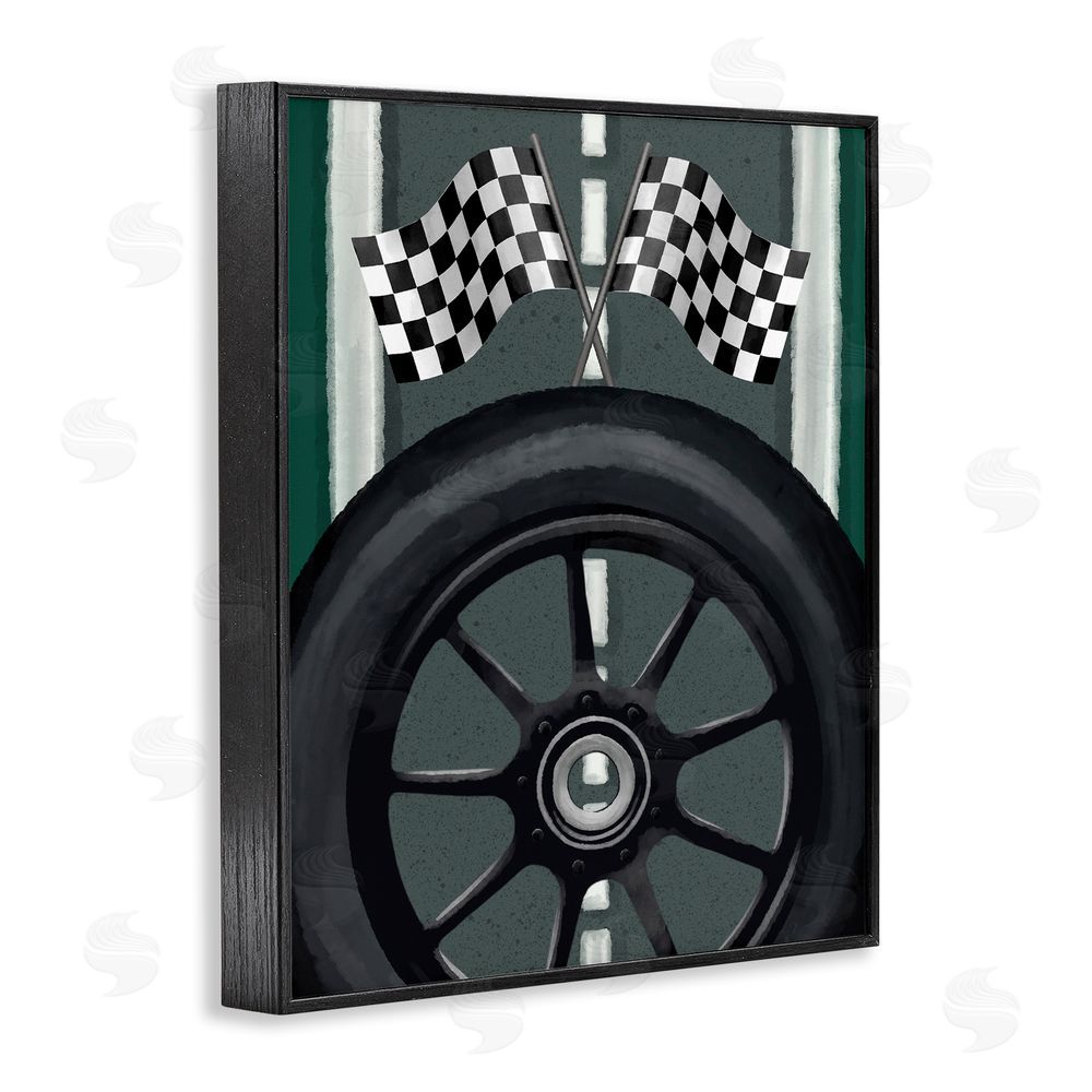 Jennifer Stith Racetrack Flags & Tire Black Framed Giclee Wall Art Print