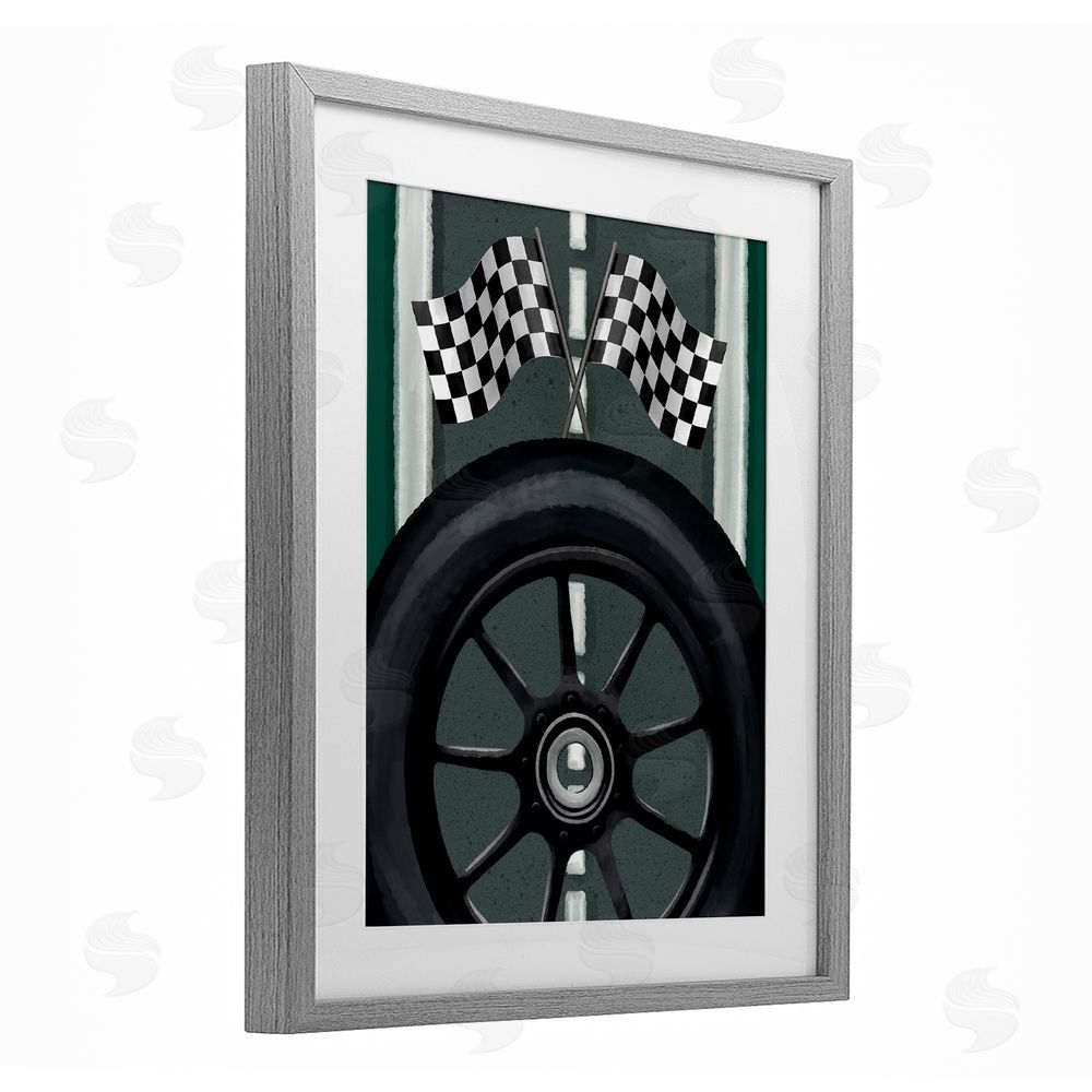 Jennifer Stith Racetrack Flags & Tire Gray Framed Print Under Glass Wall Art