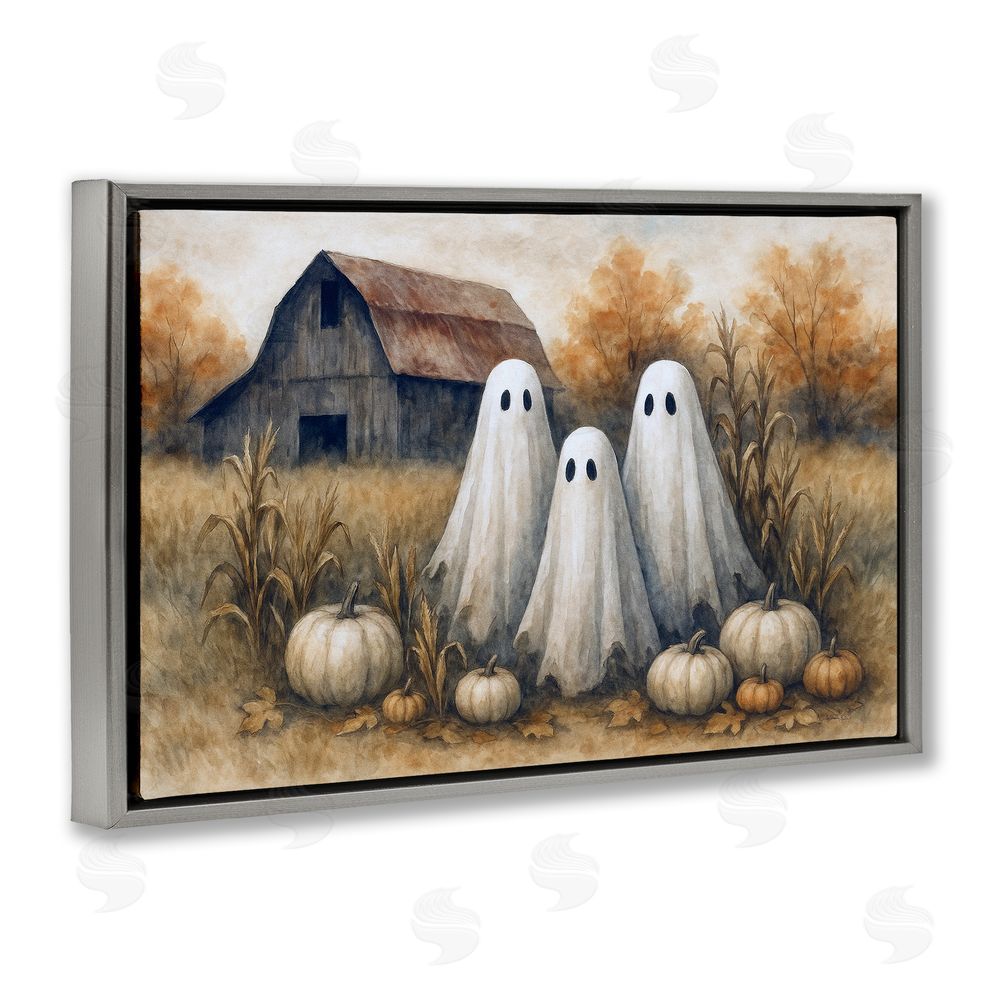 Antony Smith Ghost Trio on Pumpkin Farm Gray Floating Frame Canvas Wall Art Print