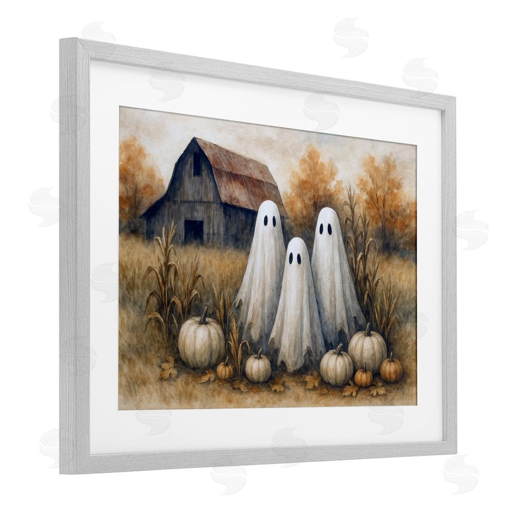Antony Smith Ghost Trio on Pumpkin Farm Gray Framed Print Under Glass with White Mat Wall Art