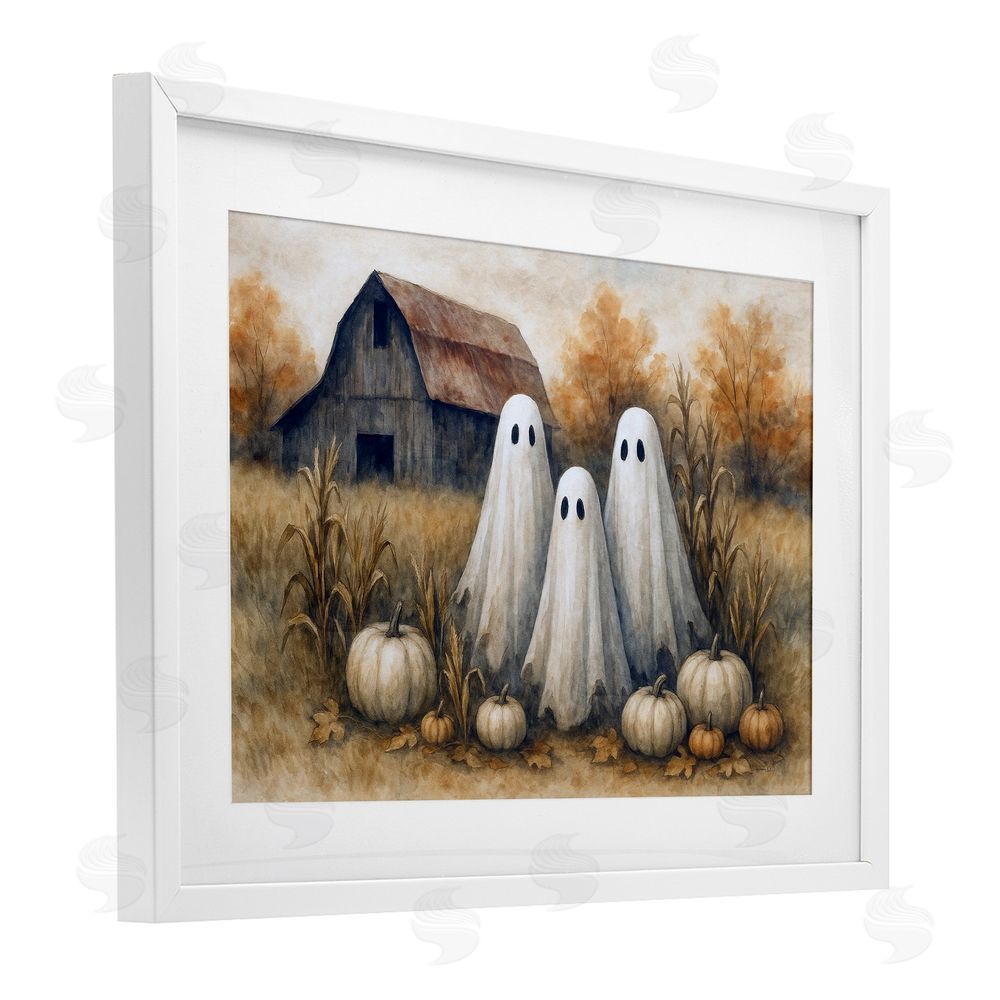 Antony Smith Ghost Trio on Pumpkin Farm White Framed Print Under Glass with Mat Wall Art