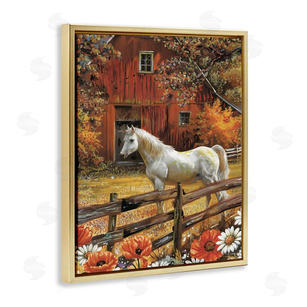 Ed Wargo Country Horse Autumn Barn Gold Floating Frame Canvas Wall Art Print