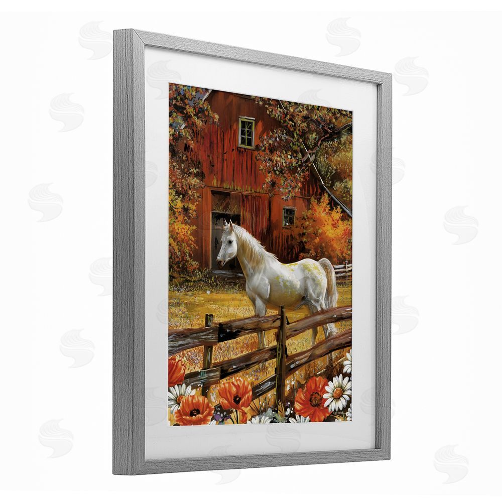 Ed Wargo Country Horse Autumn Barn Gray Framed Print Under Glass with White Mat Wall Art