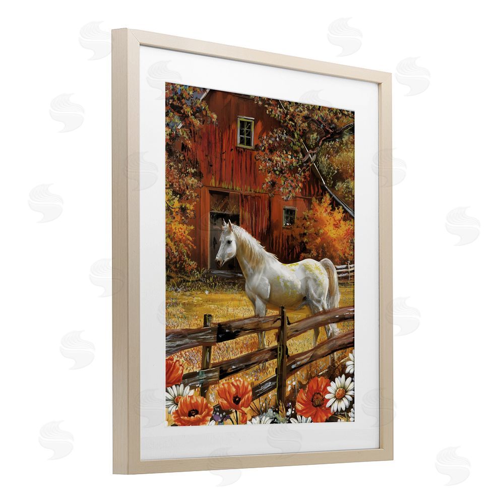 Ed Wargo Country Horse Autumn Barn Birch Framed Print Under Glass with White Mat Wall Art