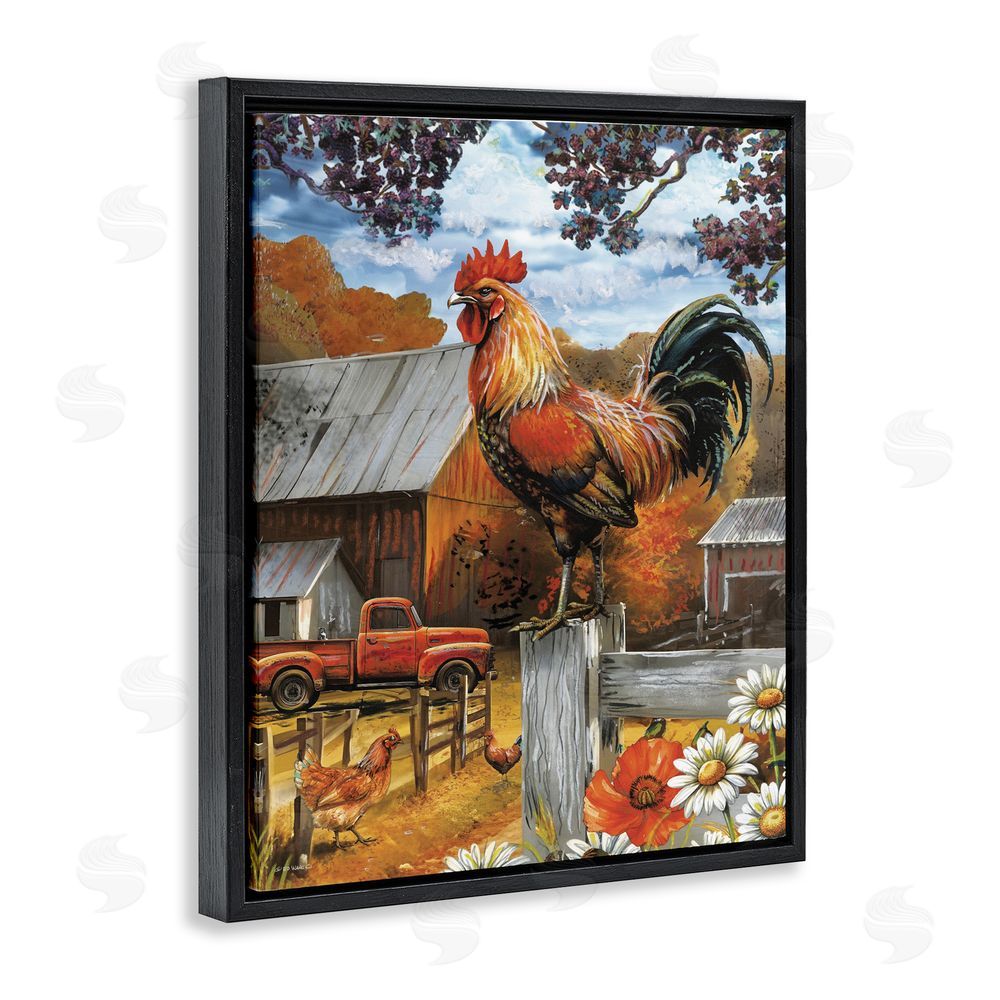 Ed Wargo Autumnal Perched Rooster Black Floating Frame Canvas Wall Art Print