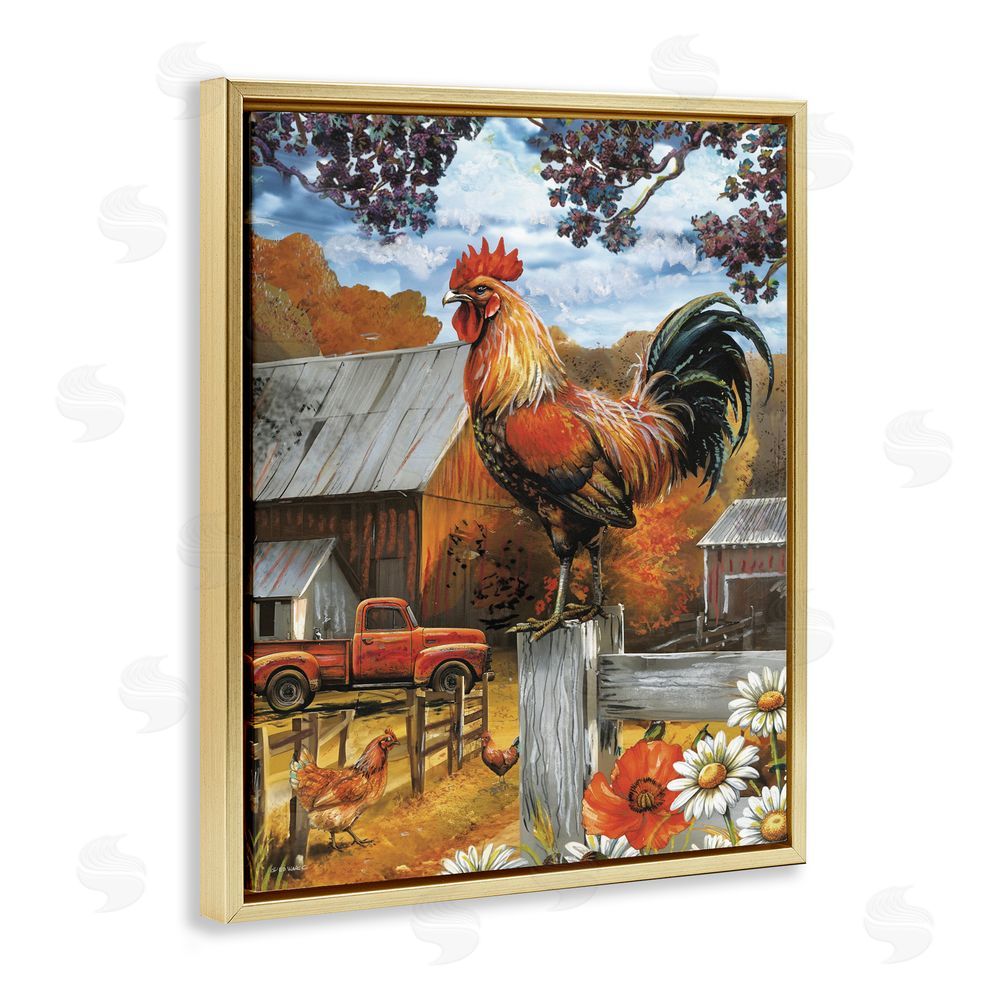 Ed Wargo Autumnal Perched Rooster Gold Floating Frame Canvas Wall Art Print