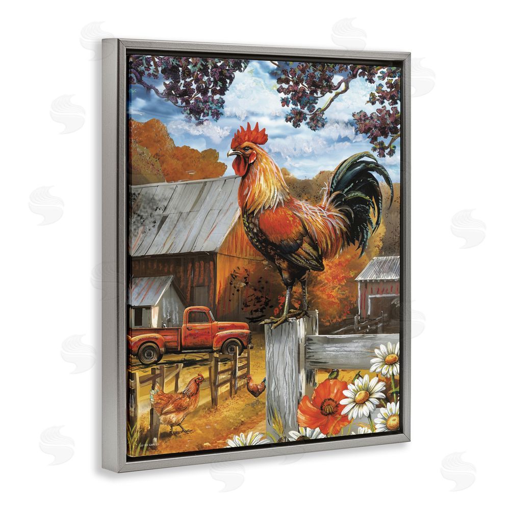 Ed Wargo Autumnal Perched Rooster Gray Floating Frame Canvas Wall Art Print