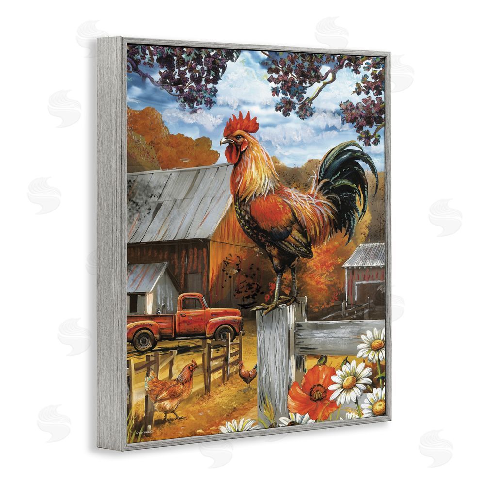 Ed Wargo Autumnal Perched Rooster Gray Framed Giclee Wall Art Print
