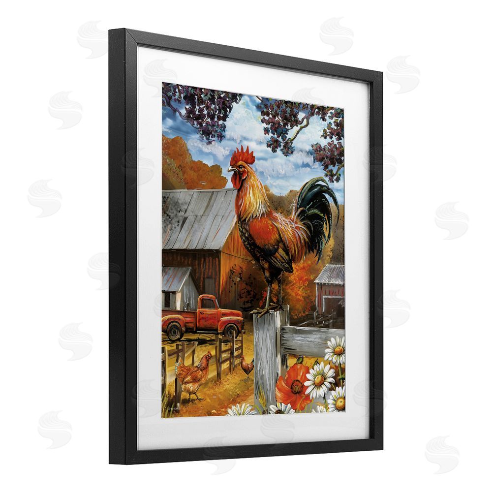 Ed Wargo Autumnal Perched Rooster Black Framed Print Under Glass with White Mat Wall Art