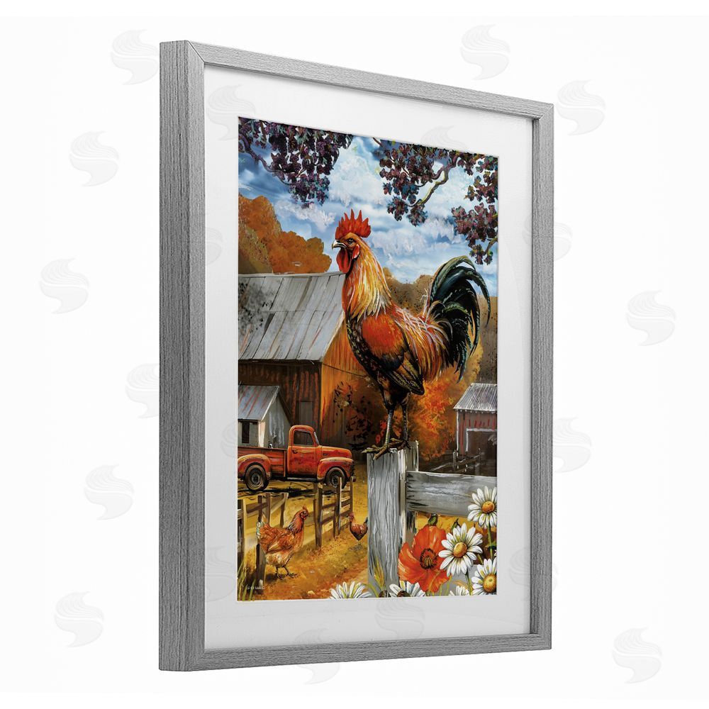 Ed Wargo Autumnal Perched Rooster Gray Framed Print Under Glass with White Mat Wall Art