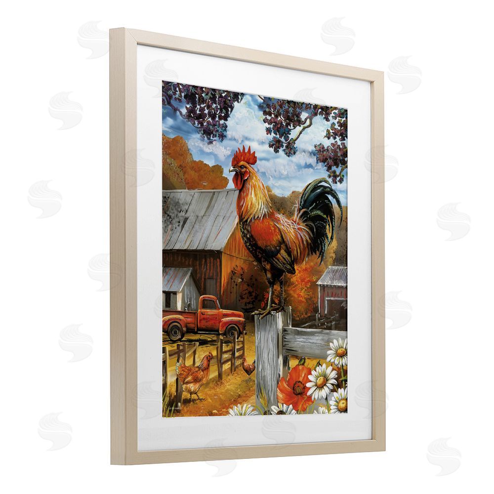 Ed Wargo Autumnal Perched Rooster Birch Framed Print Under Glass with White Mat Wall Art