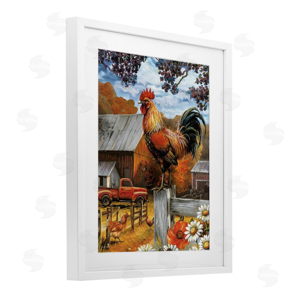 Ed Wargo Autumnal Perched Rooster White Framed Print Under Glass with Mat Wall Art