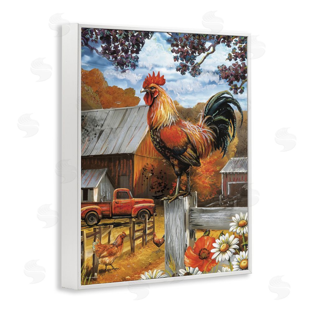 Ed Wargo Autumnal Perched Rooster White Framed Giclee Wall Art Print