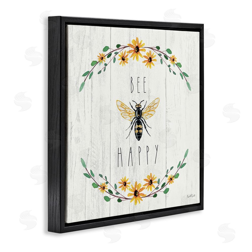 Elizabeth Tyndall Bee Happy with Delicate Wreath Black Floating Frame Canvas Wall Art Print