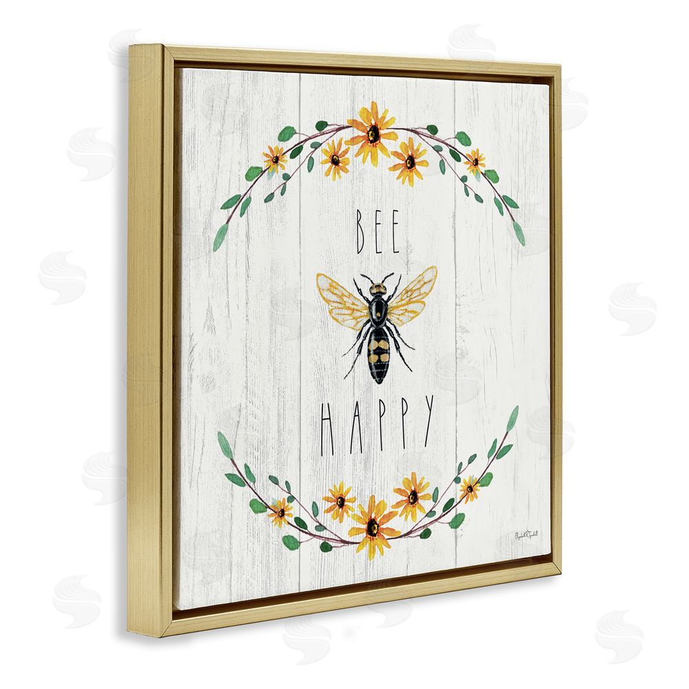 Elizabeth Tyndall Bee Happy with Delicate Wreath Gold Floating Frame Canvas Wall Art Print