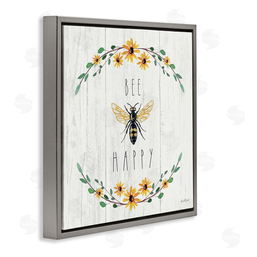 Elizabeth Tyndall Bee Happy with Delicate Wreath Gray Floating Frame Canvas Wall Art Print