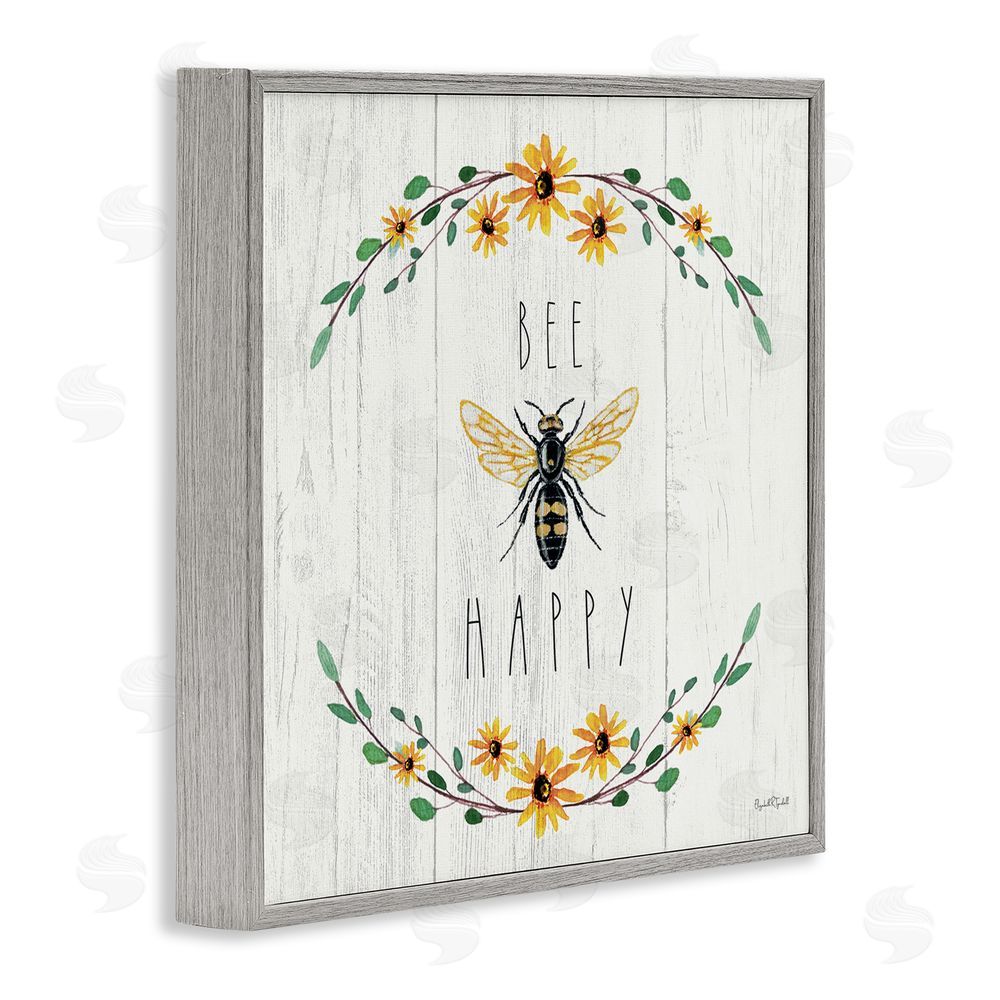 Elizabeth Tyndall Bee Happy with Delicate Wreath Gray Framed Giclee Wall Art Print