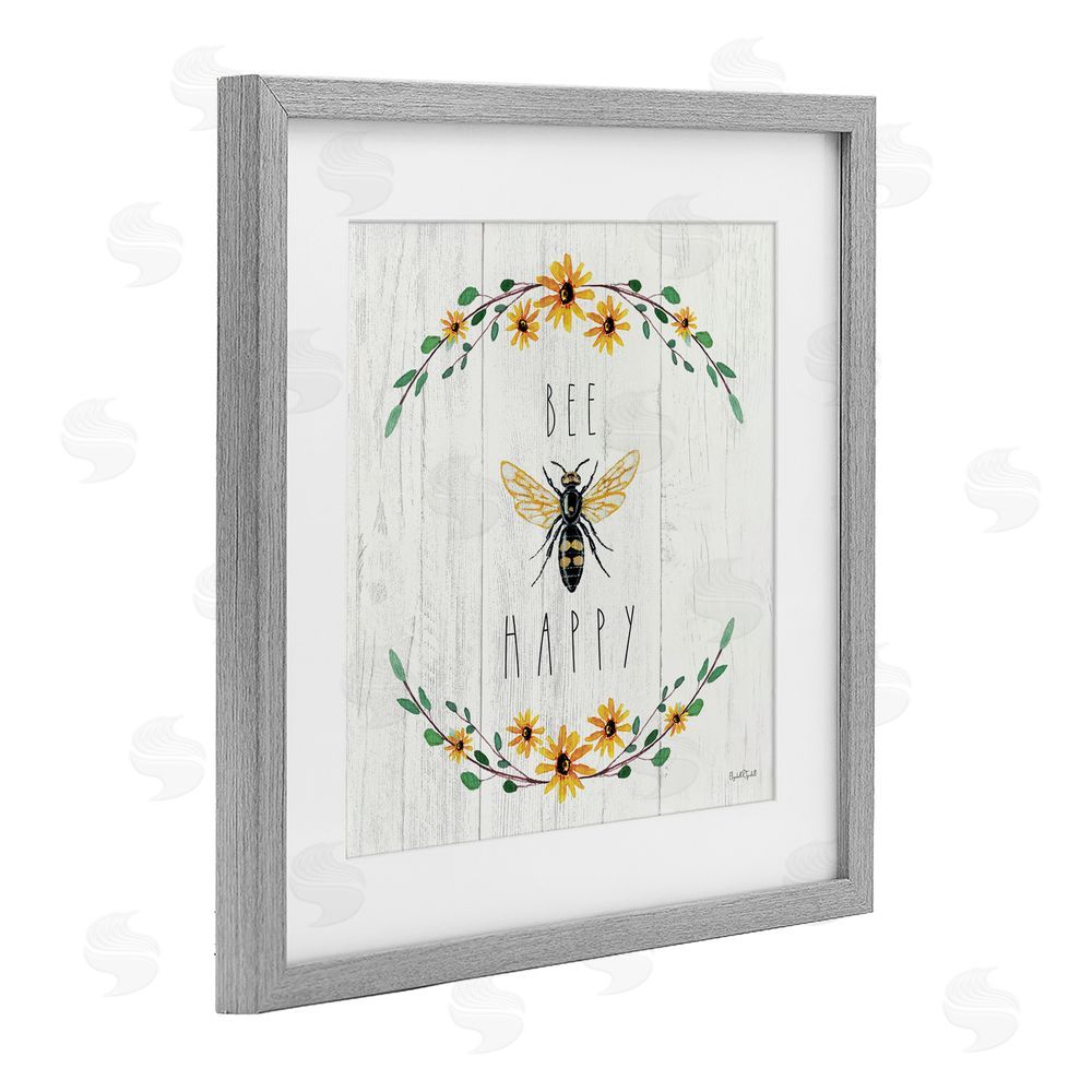 Elizabeth Tyndall Bee Happy with Delicate Wreath Gray Framed Print Under Glass Wall Art