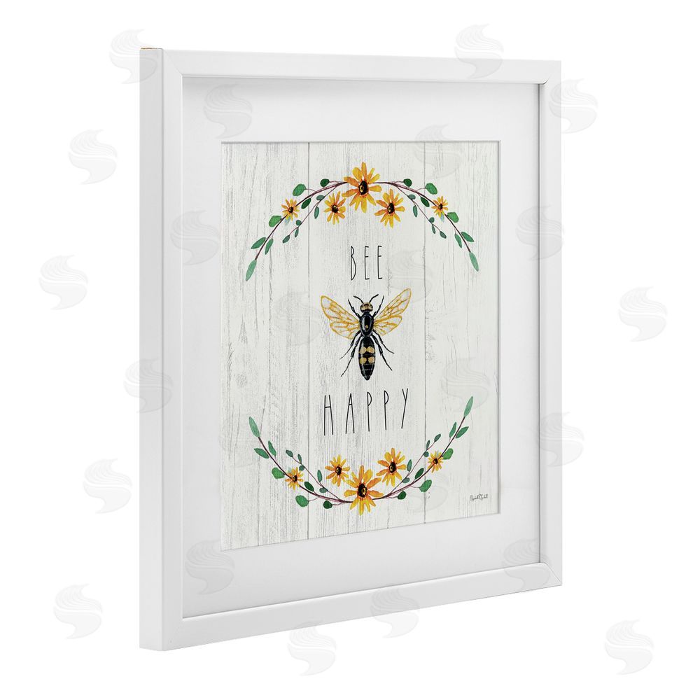 Elizabeth Tyndall Bee Happy with Delicate Wreath White Framed Print Under Glass Wall Art