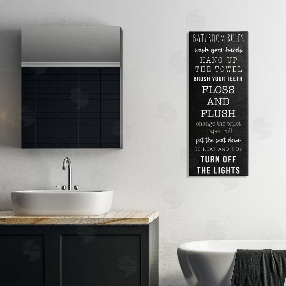 Masey St. Studios Bathroom Rules Over Black Stretched Canvas Wall Art in Room