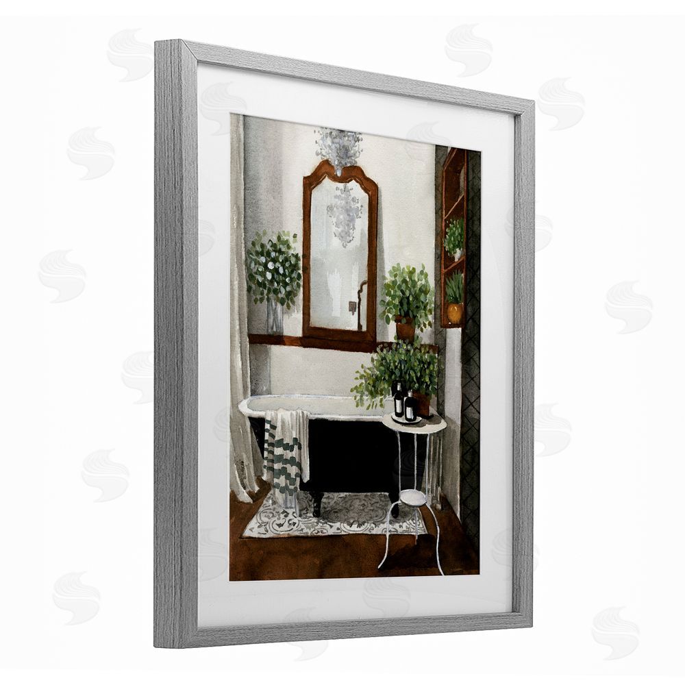Masey St. Studios Clawfoot Tub with Lush Plants Gray Framed Print Under Glass Wall Art