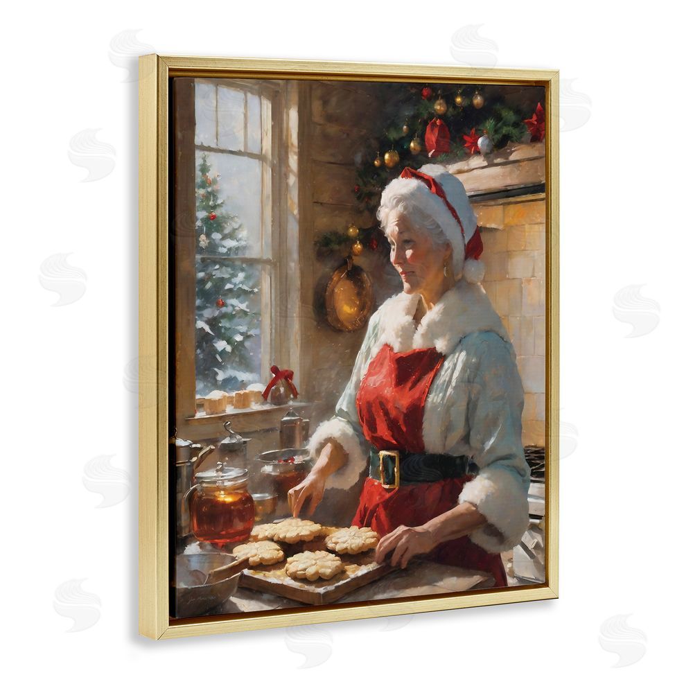 Jo Moulton Mrs. Claus Baking Cookies Gold Floating Frame Canvas Wall Art Print