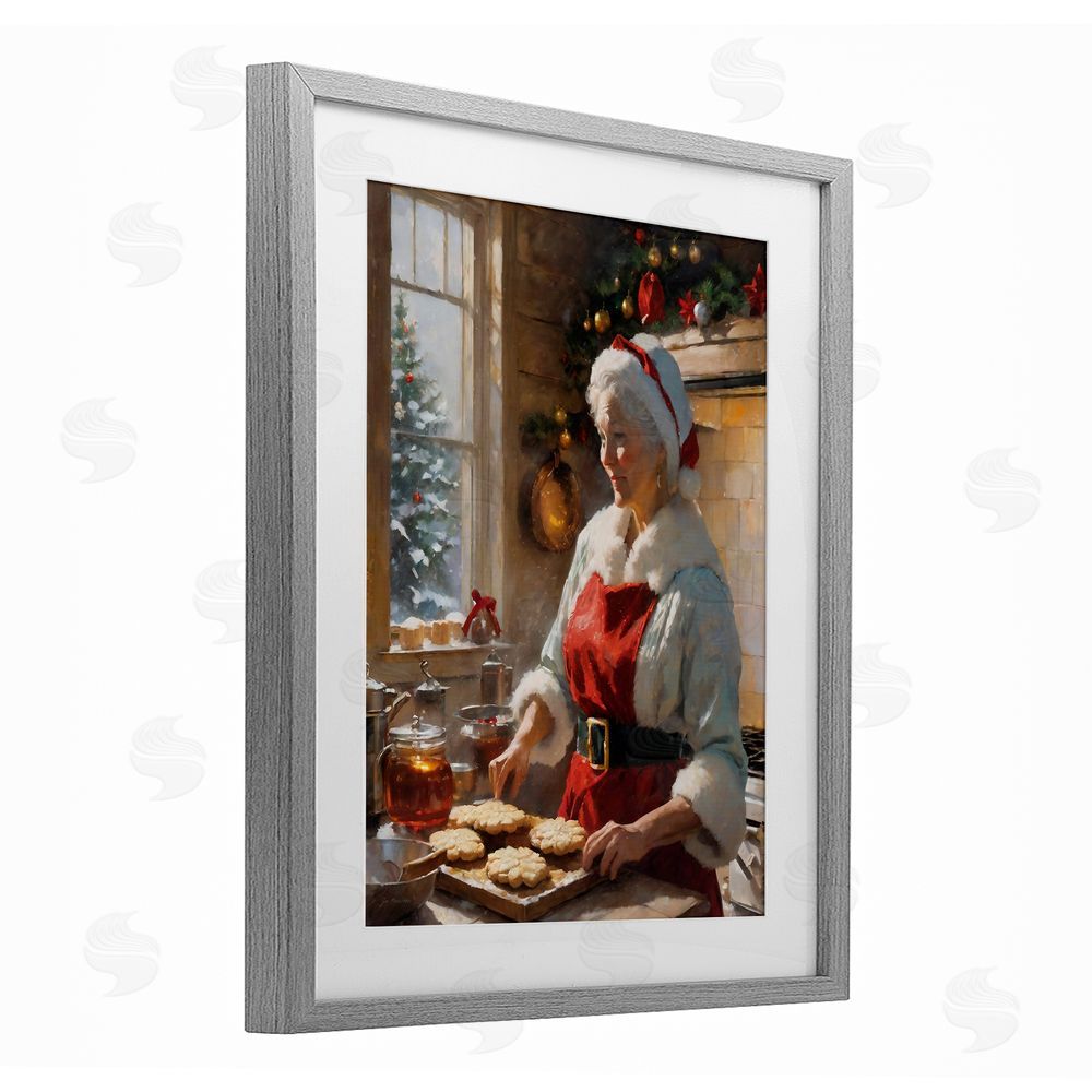 Jo Moulton Mrs. Claus Baking Cookies Gray Framed Print Under Glass with White Mat Wall Art