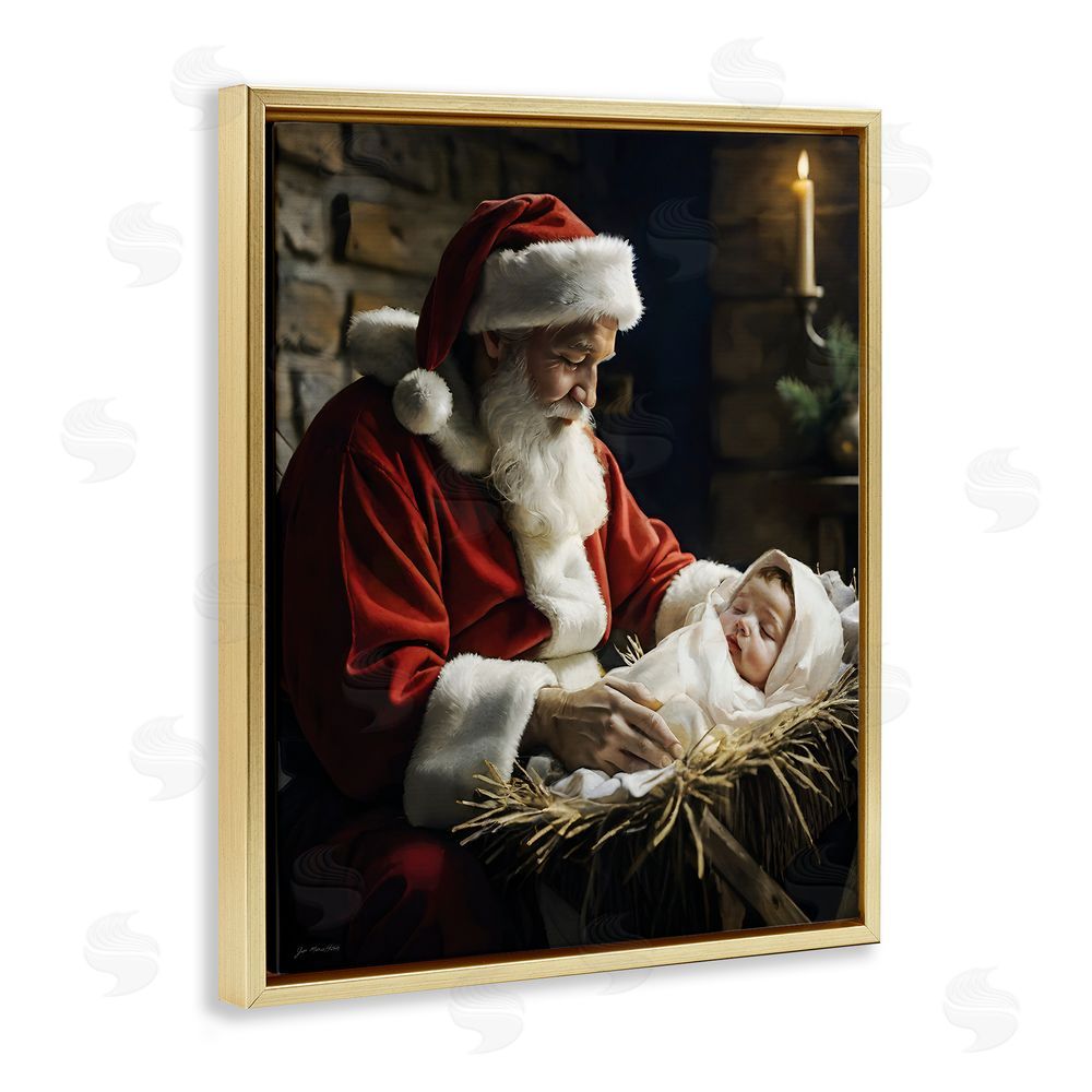 Jo Moulton Santa Claus & Baby Jesus Gold Floating Frame Canvas Wall Art Print