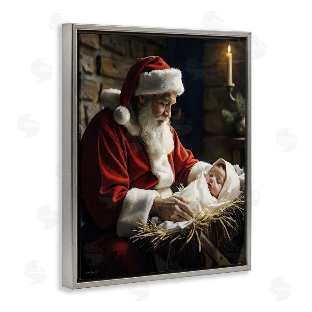 Jo Moulton Santa Claus & Baby Jesus Gray Floating Frame Canvas Wall Art Print