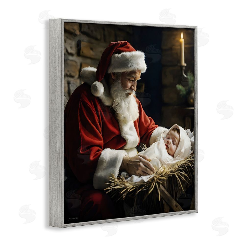 Jo Moulton Santa Claus & Baby Jesus Gray Framed Giclee Wall Art Print