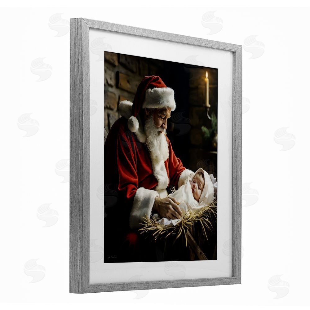 Jo Moulton Santa Claus & Baby Jesus Gray Framed Print Under Glass with White Mat Wall Art