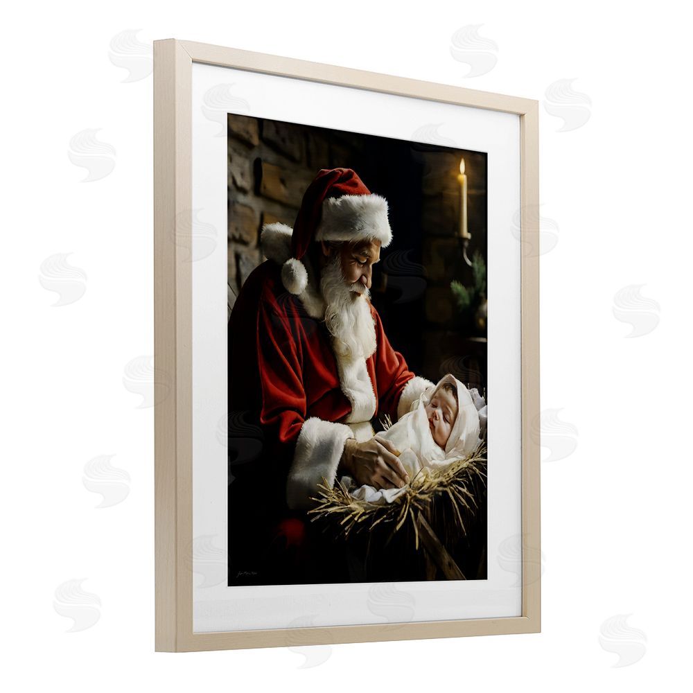 Jo Moulton Santa Claus & Baby Jesus Birch Framed Print Under Glass with White Mat Wall Art