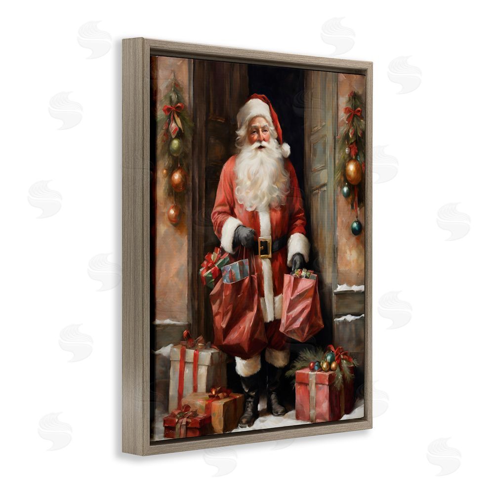 Jo Moulton Santa Claus on Doorstep Brown Floating Frame Canvas Wall Art Print
