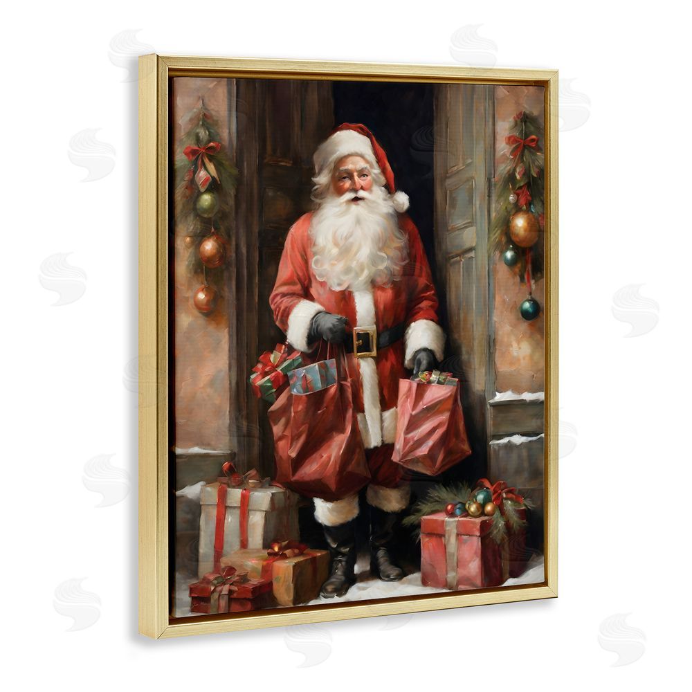 Jo Moulton Santa Claus on Doorstep Gold Floating Frame Canvas Wall Art Print