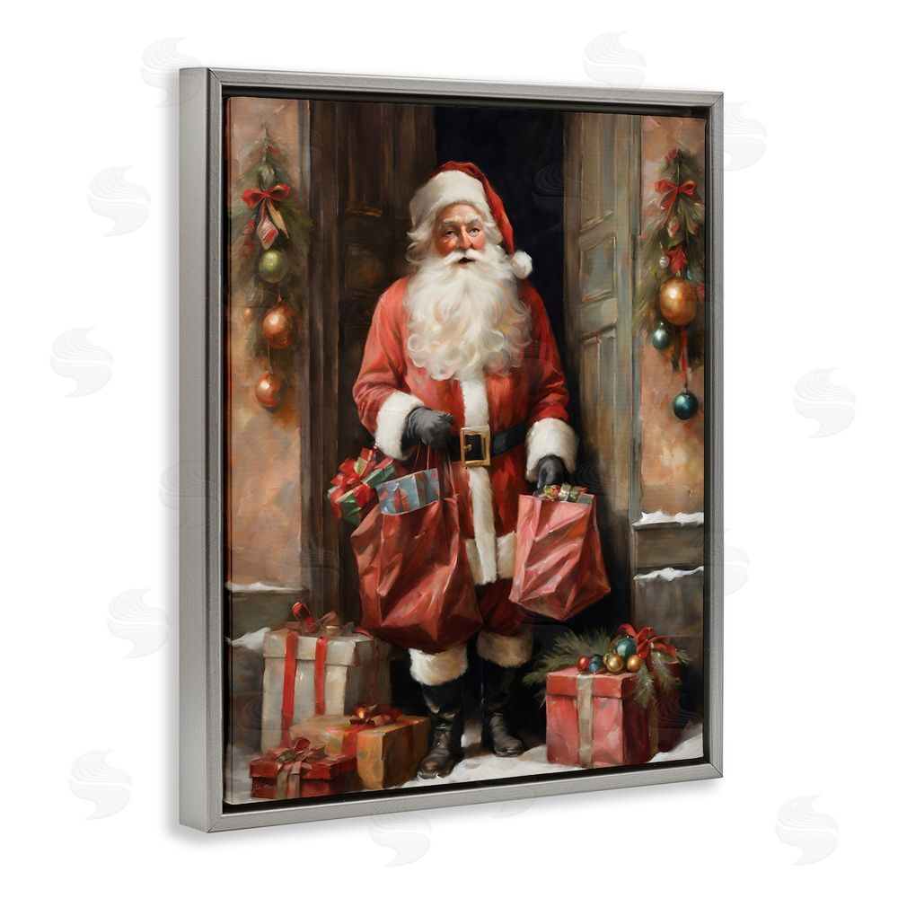 Jo Moulton Santa Claus on Doorstep Gray Floating Frame Canvas Wall Art Print