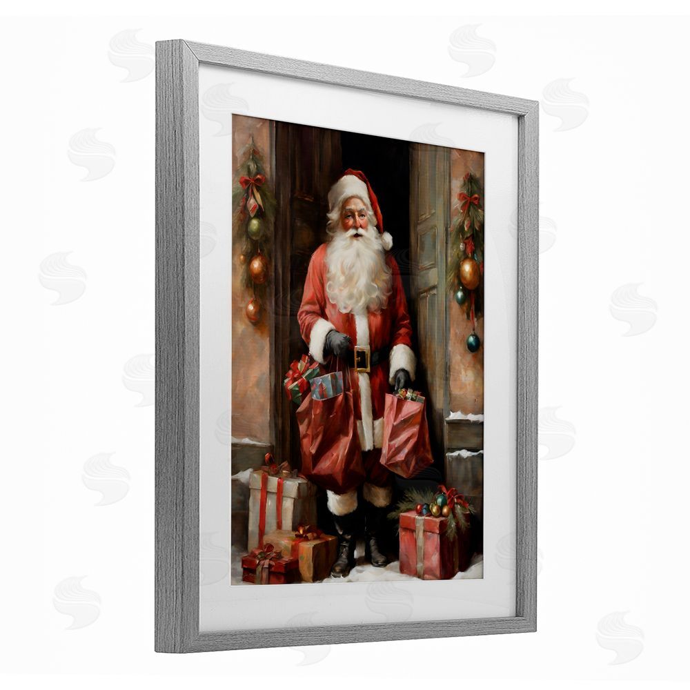 Jo Moulton Santa Claus on Doorstep Gray Framed Print Under Glass with White Mat Wall Art