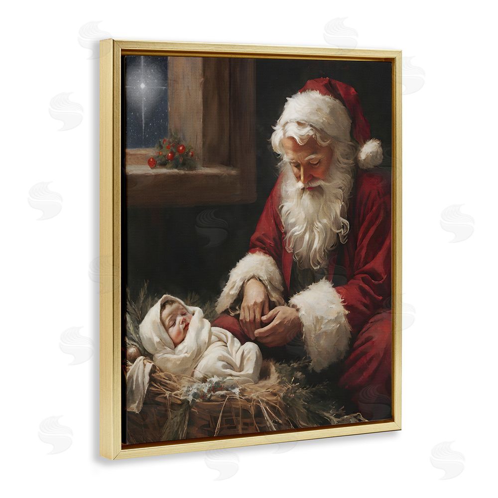 Jo Moulton Santa Believes with Baby Jesus Gold Floating Frame Canvas Wall Art Print