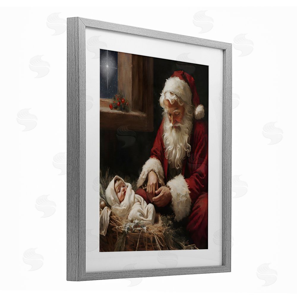 Jo Moulton Santa Believes with Baby Jesus Gray Framed Print Under Glass with White Mat Wall Art