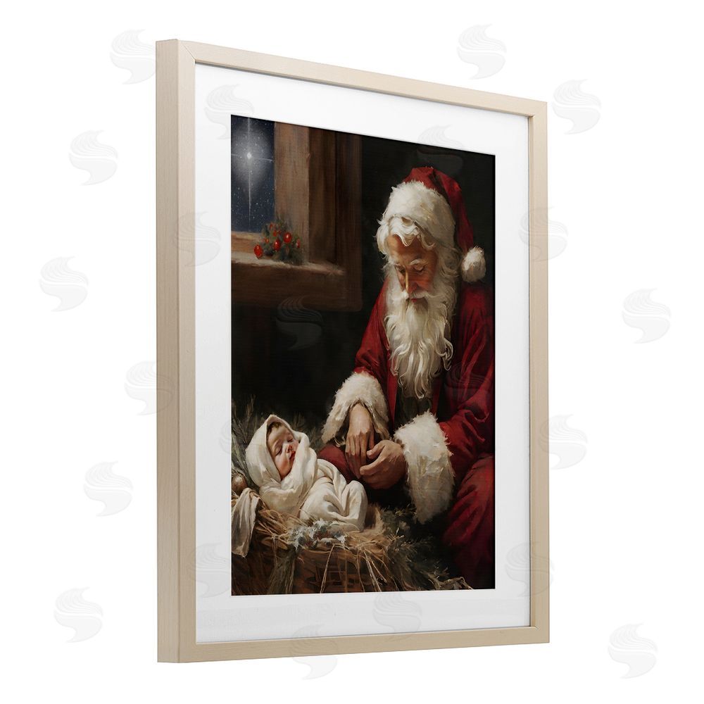 Jo Moulton Santa Believes with Baby Jesus Birch Framed Print Under Glass with White Mat Wall Art